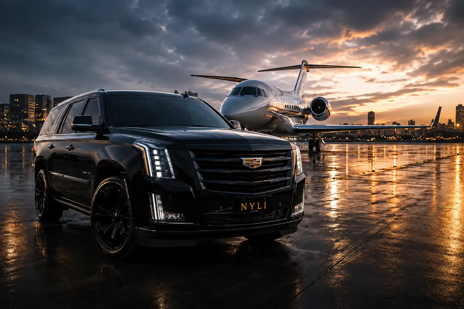 Black luxury SUV and private jet at airport